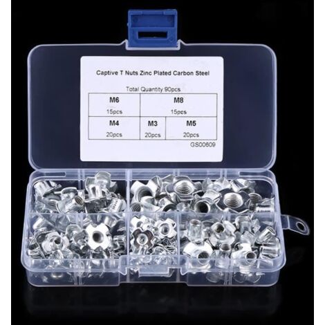 Ecrous en T - Coffret de 90pcs - Acier Zingué - M3/M4/M5/M6/M8