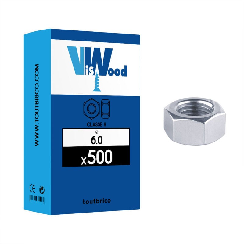 Crous hexagonaux Hu acier zingué blanc classe 8, diamètre 6 mm, boîte de 500 écrous