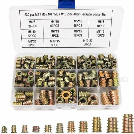 GRECQUEMYTH Écrous Hexagonaux M4 M5 M6 M8 M10 avec Inserts Filetés, Alliage de Zinc Insert Fileté Hexagonale Écrous Inserts,irisfr(230PCS)