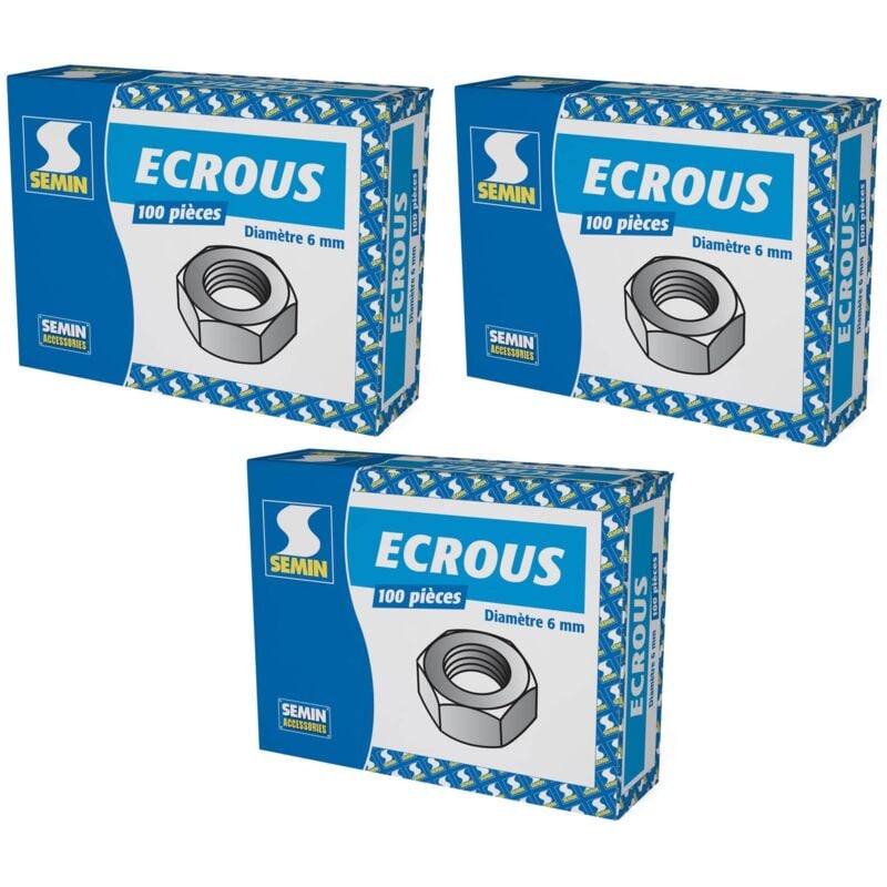 Ecrous hexagonaux Semin avec Filetage - diamètre 6 mm - boite de 100 (lot de 3)
