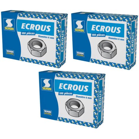 Ecrous hexagonaux Semin avec Filetage - diamètre 6 mm - boite de 100 (lot de 3)