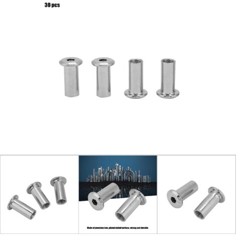 Écrous plats nickelés à tête hexagonale et manchon rond pour meubles (M822, 30 pièces)