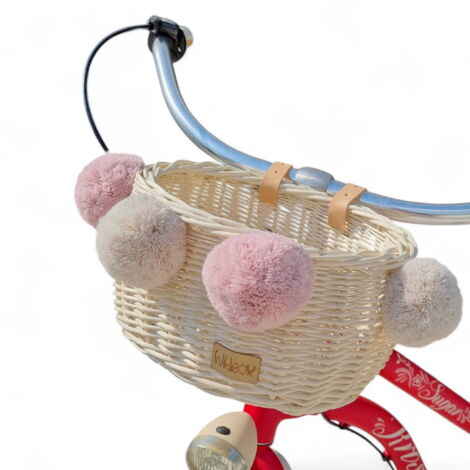 Ecrufarbener Kinderfahrradkorb aus Weide mit Dumpy-Gurten und Pompons