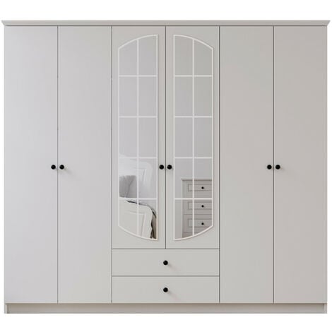 EVUHOME ECU 6 Door 2 Drawer Mirrored White Wardrobe