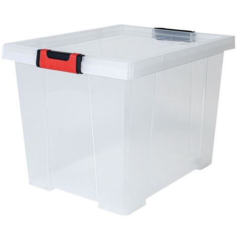 EDA – Boite de rangement Clipstock 45l – Dimensions 49.4x38.8x35.7 cm – Couvercle avec charnières – Poignées noires et rouges