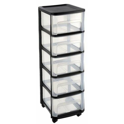 EDA – Tour de rangement 5 tiroirs en plastique noir – Dimensions 32x37x97cm – Roulettes multidirectionnelles pour mobilité – Capacité optimale