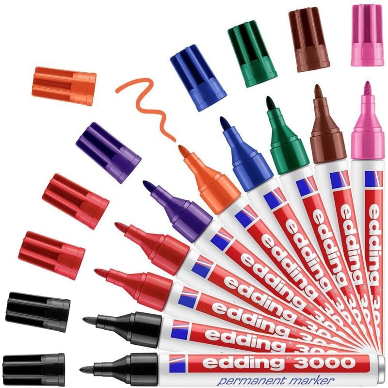 4-3000-10999 Marqueur permanent noir, rouge, bleu, vert, orange, marron, violet, rose résiste à l'eau: oui - Edding