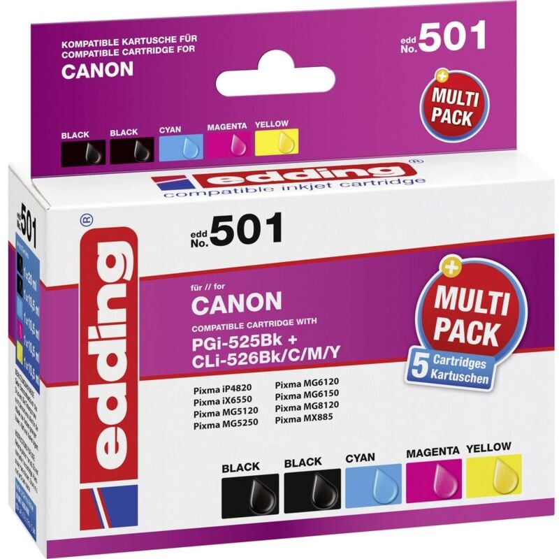Edding - Encre remplace Canon PGI-525PGBK, CLI-526BK, CLI-526C, CLI-526M, CLI-526Y compatible pack bundle noir, noir phot