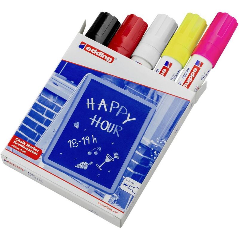 4090 4-4090999 Marqueur craie noir, rouge, blanc, jaune fluorescent, rose fluorescent 4 mm, 15 mm - Edding