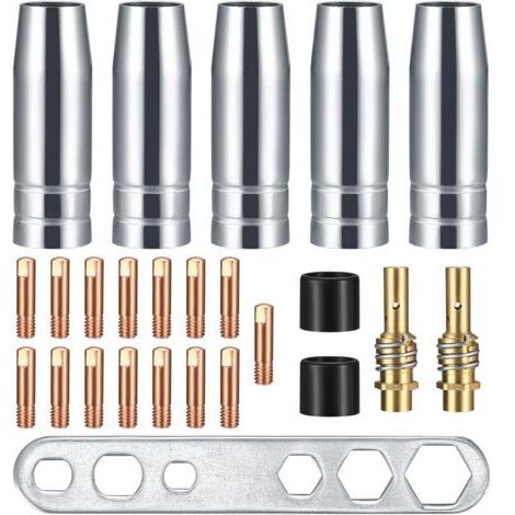 Ede 25 embouts de contact pour torche de soudage, compatibles avec les torches de soudage AK-15/MB-15, 5 buses à gaz, 15 buses M6 de 0,8 mm, 2 porte-buses, 2 isolateurs.