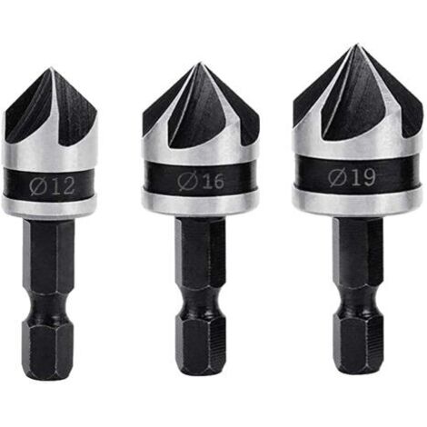 Ede 3PCS Fraises à Chanfreiner 90 Degrés 5 Flûte Fraise Conique à Noyer 12mm/16mm/19mm Fraise Bois 1/4\