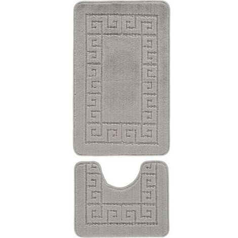 Ede Ensemble de 2 tapis de bain antidérapants à motif de clé grecque, tapis doux et lavable, tapis de douche absorbant à séchage rapide et piédestal (anthracite)