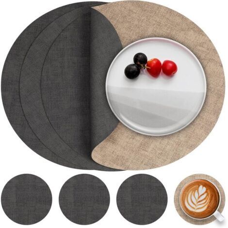 Ede Ensemble de 4 sets de table et sous-verres en cuir, sets de table ronds antidérapants double face, lavables, sets de table en plastique résistant à la chaleur (gris beige, ensemble de 4)