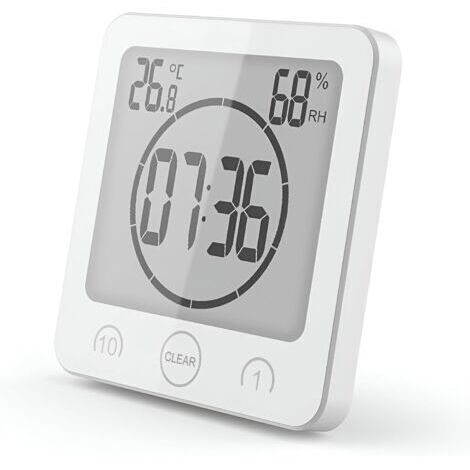 Ede Horloge de Douche Salle de Bain, Contrôle Tactile étanche, Alarme Numérique LCD, Thermomètre Hygromètre, Minuterie de Compte à Rebours, Alimenté par Pile, pour Maquillage Cuisine (blanc)