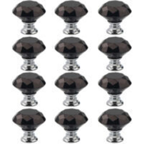 Ede Lot de 12 poignées de meubles en cristal noir, boutons de porte et de tiroir de différentes tailles (30 mm), pour cuisine, bureau, chambre, armoires. Lefou STOL