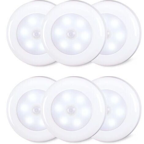 Ede Lot de 6 lampes LED d'intérieur à détecteur de mouvement de 8 cm, alimentées par piles AAA, à coller pour escaliers, sous les armoires, placards, blanc froid