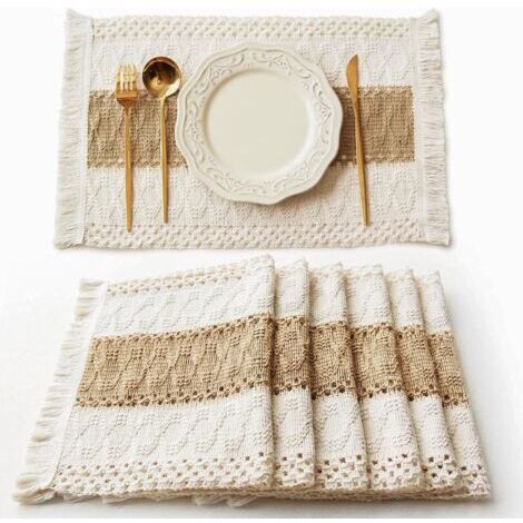 Ede Lot de 6 sets de table Boho, décoration de table en macramé, sets de table en toile de jute de coton naturel pour cuisine et salle à manger (beige et marron)