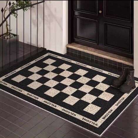 Ede Motif à carreaux noirs et blancs avec bordure noire, 4060cm (boucle en soie) Tapis d'entrée, tapis en soie bouclée résistant aux taches et facile à nettoyer, tapis antidérapant pour l'entrée.