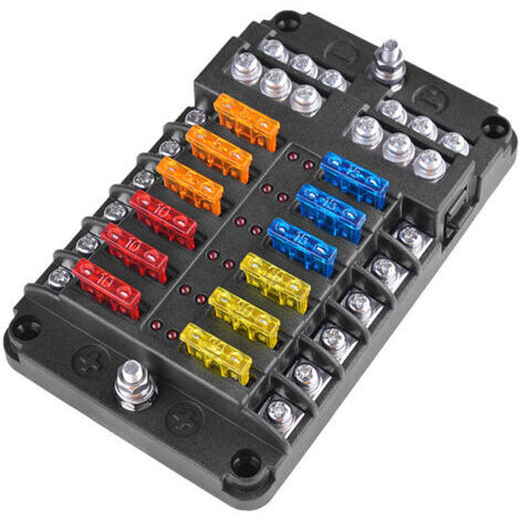 Ede Panneau de fusibles avec voyant LED, couvercle étanche à l'humidité – 12 circuits avec bus négatif, support de boîte à fusibles à vis pour voiture, bateau, camping-car, camion, fusibles inclus