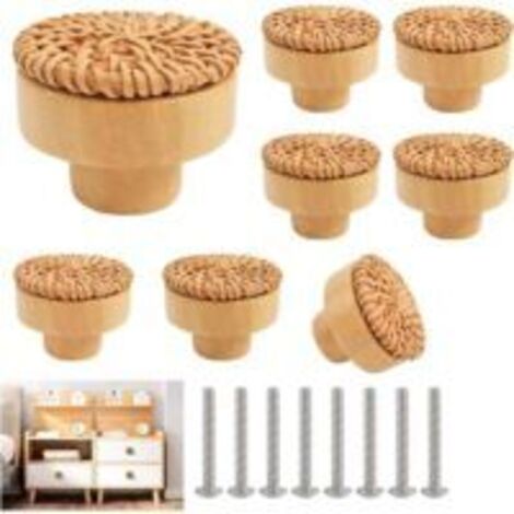 Ede Poignées et boutons pour meubles de cuisine en rotin, poignées de porte, poignées de tiroir, poignées de tiroir rondes en bois, pour cuisine, chambre, commode, placards, remplacement de portes - R