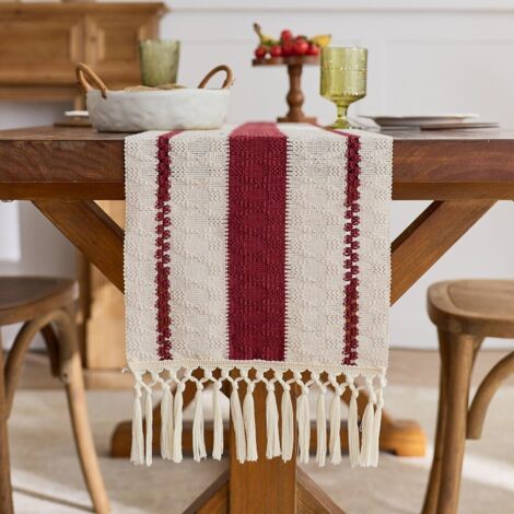 Ede Rouge 30x220cm Chemin de table en coton vert à pompons, motif ajouré noué, nappe de cuisine de style campagnard.