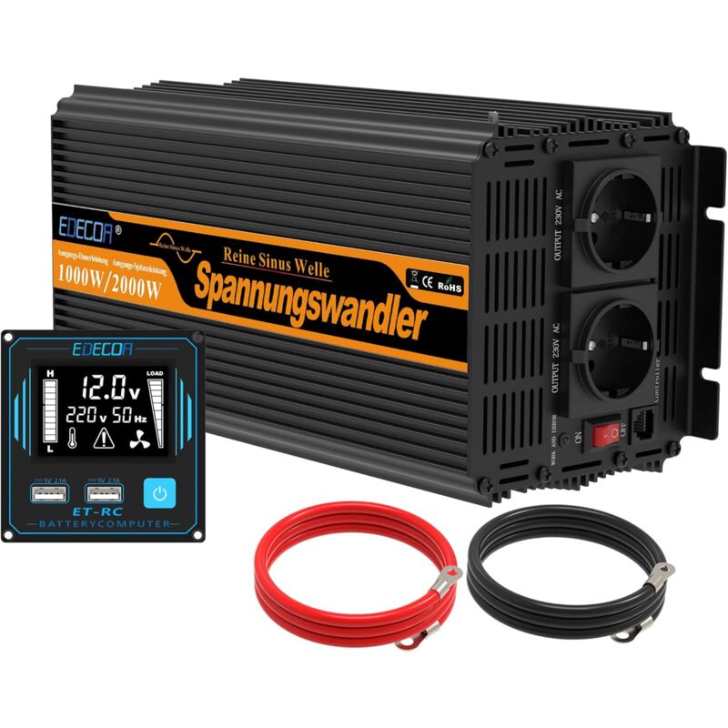 Edecoa - convertisseur 12v 220v Pur Sinus 1000w 2X usb télécommande écran lcd transformateur Pure Sinus Onduleur 12v 230v télécommande
