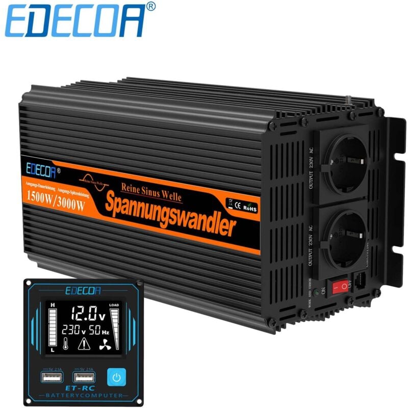 Edecoa - convertisseur 12v 220v Pur Sinus 1500w écran 2X usb télécommande transformateur de Tension Isolation galvanique Onduleur (2e génération)