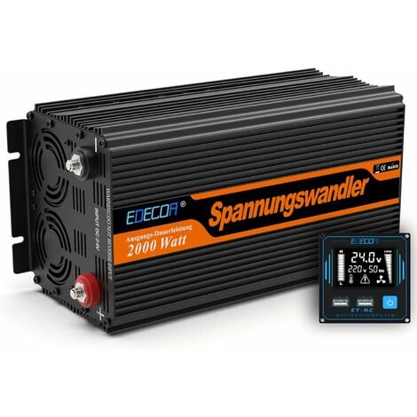 EDECOA Convertisseur 24v 220v Camion 2000w onduleur télécommande 2X USB écran pour Panneau Solaire Onde modifiée Isolation galvanique (2e génération)
