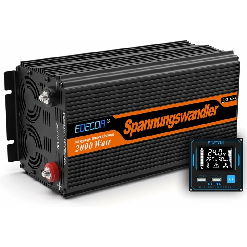 Edecoa - Convertisseur 24v 220v Camion 2000w onduleur télécommande 2X usb écran pour Panneau Solaire Onde modifiée Isolation galvanique (2e