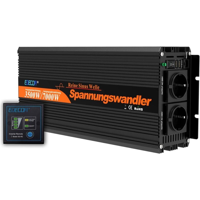 Edecoa - Convertisseur 3500w pur sinus 2x usb transformateur de tension 12v 220v Onduleur pur sinus avec télécommande 12v 230v avec système