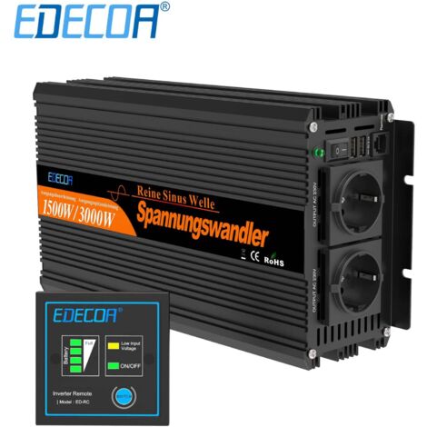 Edecoa – Convertisseur de tension 12V-230V 1500W – Onde sinusoïdale pure – 2x USB – Télécommande – Compatible avec batteries EFB, AGM, Gel, LifePO4