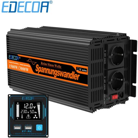 Edecoa – Convertisseur de tension 12V 230V 1500W – Pur sinus avec télécommande – 2 prises EU et 2 ports USB – Isolation galvanique
