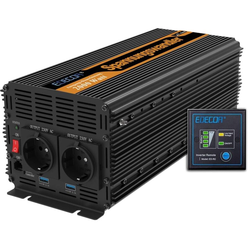 Edecoa - Inverter 2000w convertisseur de Tension 24v 230v onduleur sinusoïdal modifié 24v 220v lcd avec télécommande et Deux Ports usb per Camion