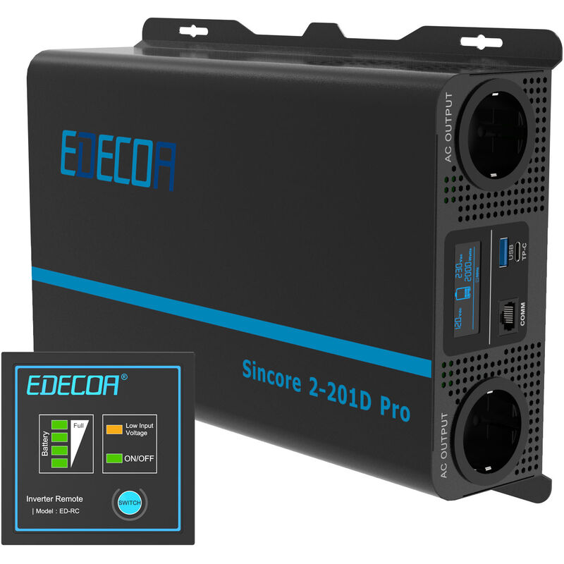 Edecoa - onduleur 2000w Pure Onde sinusoïdale convertisseur de Tension 12v 220v 230v lcd 2X usb et télécommande convertisseur 2000w et pic pour