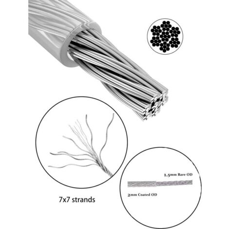 Edelstahl-Aufhängeseil-Set, 50 m/2 mm beschichtetes Edelstahlseil, mit M5-Seilspanner und Haken, Edelstahl-Seilzubehör für Geländer, Wäscheleinen und Aufhängeseile
