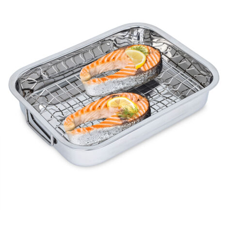 Edelstahl Bräter mit entnehmbaren Grillrost - 32 x 24 cm - Auflaufform mit Griffen und Rost für Grill und Ofen