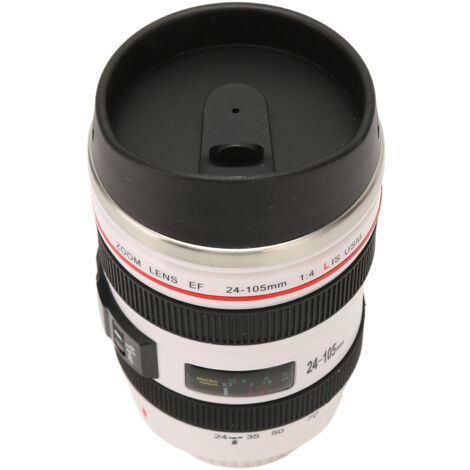 Edelstahl-Fotografen-Reisebecher, Unisex-Design mit Deckel, ideales Geschenk für Profis, metallisch-weiße Innenseite.