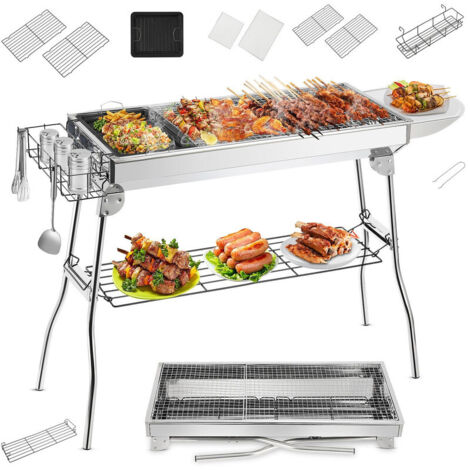 Edelstahl Holzkohlegrill mit Klappfunktion, Große Grillfläche 130×32 cm, Stabiles Standgestell, 2 Verchromte Grillroste, Praktische Seitenablagen, Mobiler Standgrill für Garten, Terrasse & Camping