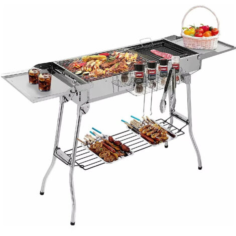 Edelstahl Holzkohlegrill, tragbarer Campinggrill, klappbare Flügel, Antihaftpfanne