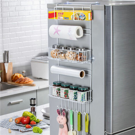 Edelstahl Kühlschrank Hängeregal Gewürzregal mit 2 Ablagekörben, Hängend Küche Regal Kühlschrank Organizer Küchenregal Aufbewahrung (Weiß)