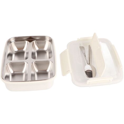 Edelstahl-Lunchbox (304) mit 4 Fächern, passendes Geschirr, tragbar für Schule und Büro, weiß
