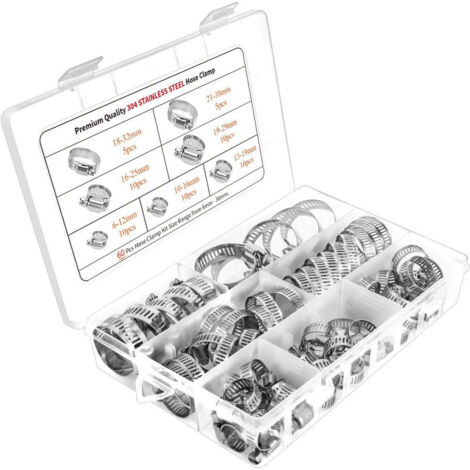 Edelstahl-Schlauchklemmen-Sortiment, 60-teilig, verstellbar, 6-38 mm, Schneckengetriebe, Metall-Kraftstoffleitungsklemme für Sanitär-, Automobil- und mechanische Anwendungen