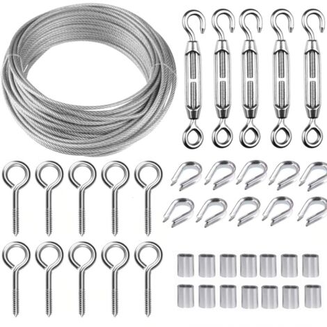 Edelstahl-Seil-Aufhängeset, 30 m/2 mm beschichtetes Edelstahlkabel mit M5-Spannschlössern, 2 mm Drahtseil-Set für Pflanzenkletterer, Wäscheleine, Geländer, Geländerkabel