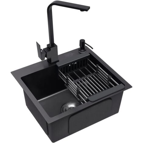 SENDERPICK Edelstahl-Spüle mit schwarzem Wasserhahn, 40 x 45 cm, Einbauküchenspüle, Granitspüle für 45 cm Unterschrank, mit 360° schwenkbarem Küchenhahn, Seifenspender, Überlauf und Ablaufverbindung