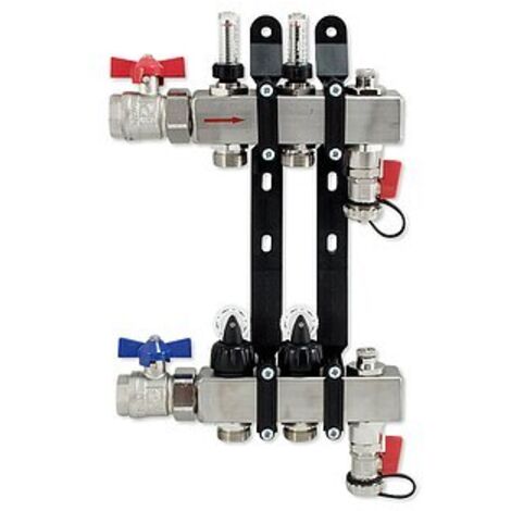 Edelstahl-Verteiler für Fußbodenheizung für 2 Kreise mit Topmeter und Zubehör