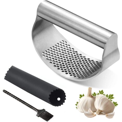Edelstahl-Wipp-Knoblauchpresse – Knoblauchhacker-Werkzeug, tragbarer Knoblauchbrecher, Ingwerschneider, Knoblauchpresse, Schneider – Silikon-Knoblauchschälerrohr und Reinigungsbürste, Küchenhelfer, Kn