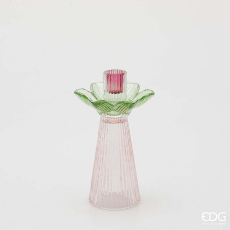 EDG Enzo De Gasperi Portacandela Flower in Vetro H 21 Cm D 12 Cm Verde Rosa