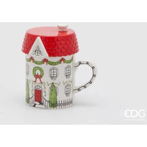 EDG, TAZZA A FORMA DI CASETTA IN CERAMICA, H13XØ9CM, VERDE E ROSSO, NATALE, DECORAZIONI DI NATALE