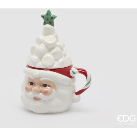 EDG, TAZZA DI BABBO NATALE IN CERAMICA CON COPERCHIO, H18XØ10, COLORE BIANCO E ROSSO, NATALE, DECORAZIONI DI NATALE