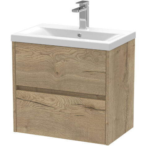 Edge Square Wall Hung 2 Drawer Vanity Unit & Ceramic Basin, 600mm - Woodgrain Autumn Oak - Balterley